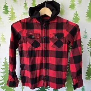 RSQ Red and Black Plaid Hooded Shirt